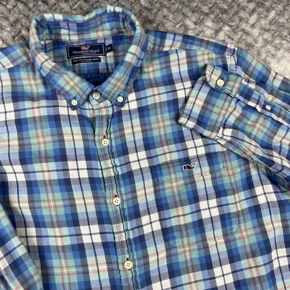 Vineyard Vines Shirt Mens XL Blue Green Slim Fit Tucker Plaid Button Down